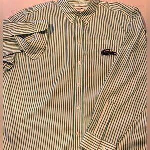 Lacoste Green & White Striped Button-Down Dress Shirt